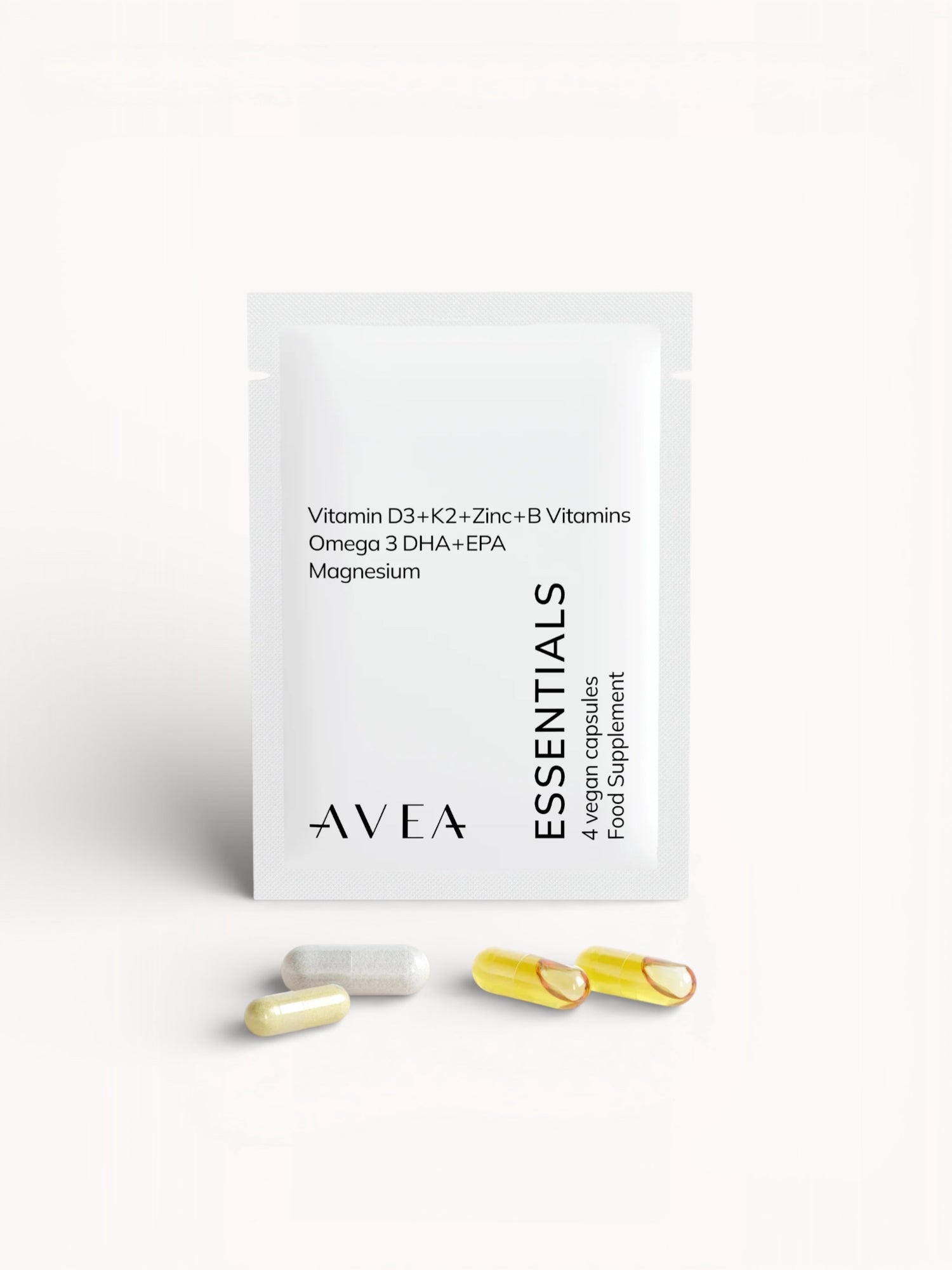 Essential, Vitamín D3+K2, Zinek, Omega 3, Magnesium, B komplex